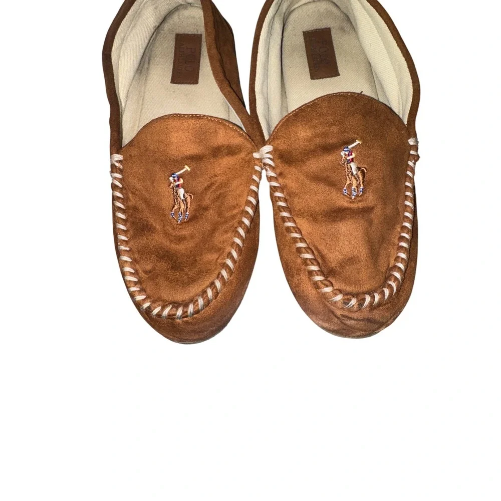 Polo Ralph Lauren Brown Suede Moccasin Slippers Pony Logo Men's Size 12